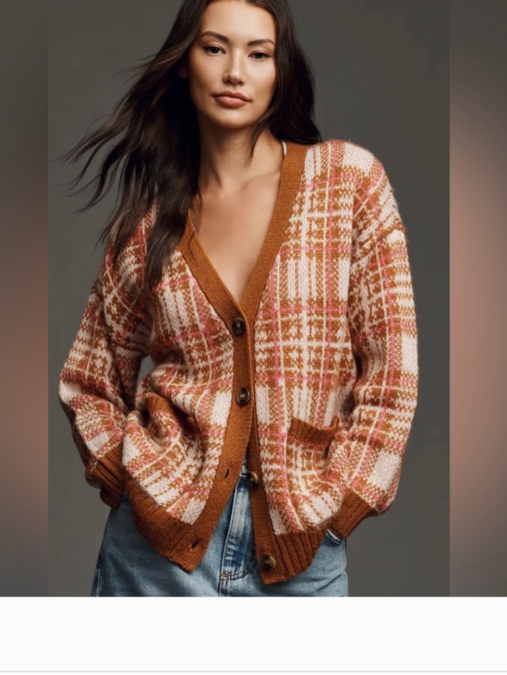 Anthropologie button brown and pink Plaid Cardigan